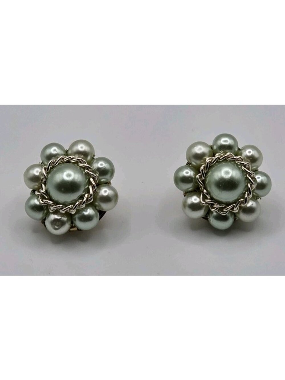 Vintage MCM Handmade Japan Faux Pearl Cluster Clip On Earrings Mint Green
